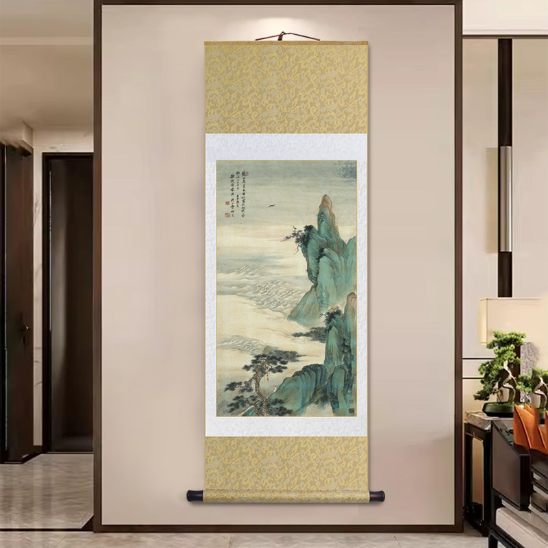 名家山水画仙山观海图新中式客厅玄关装饰画书房茶室禅意卷轴挂画