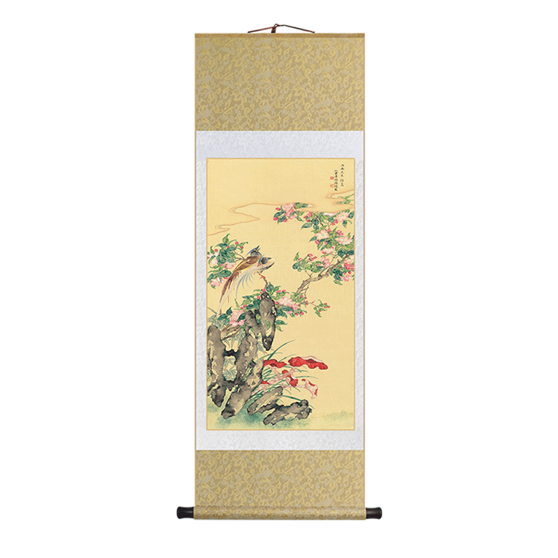 绶带桃花图新中式花鸟卷轴挂画