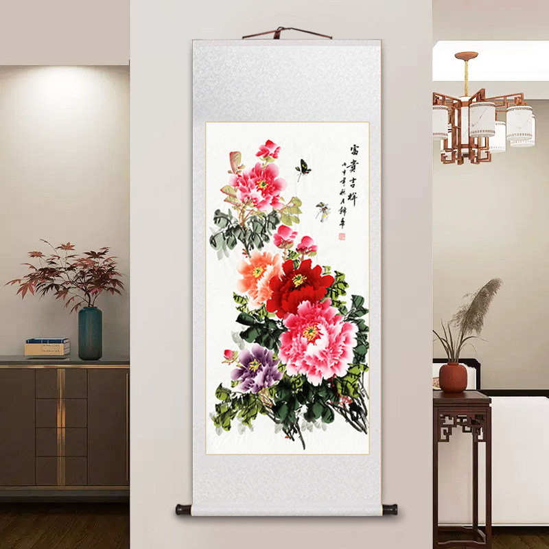 牡丹花卷轴挂画花开富贵客厅装饰画中国风花鸟牡丹图书房茶室壁画,家居饰品,国画,淘宝优惠券,粉丝福利购,淘宝优惠卷