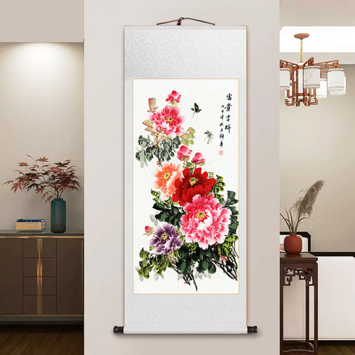 牡丹卷轴挂画花开富贵客厅装饰画