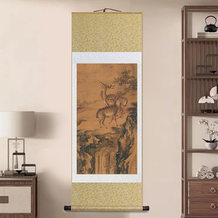 名家沈铨双鹿图福禄挂画办公室书房玄关画客厅装 饰画老人贺寿礼物