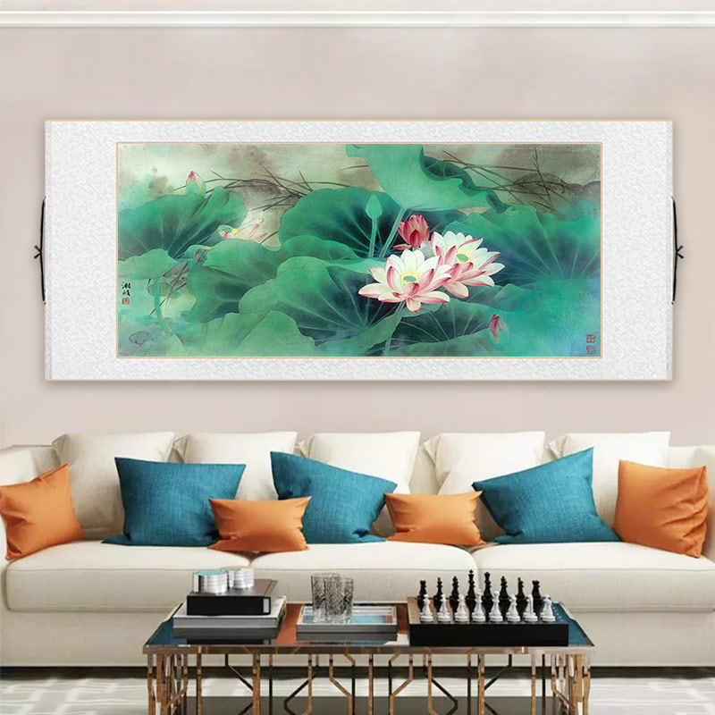 名家邹传安国画横版荷花卷轴画挂画新中式客厅装饰画书房茶室壁画