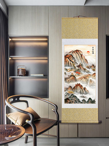 泰山迎松卷轴挂画五越数独朝日东升客厅装饰画办公室山水背景画