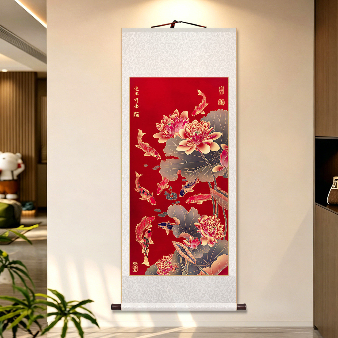 连年有余九鱼荷花图客厅卷轴挂画