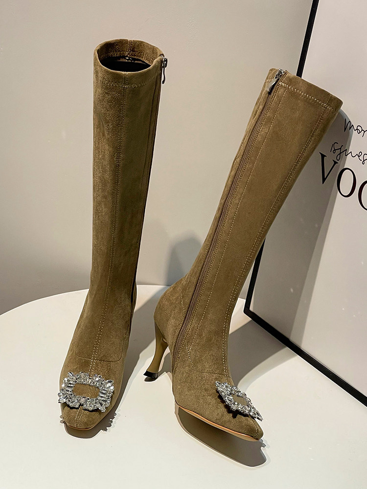 CLEARANCE TAIL GOODS BROKEN CODE BLUE BOOTS WOMENS SQUARE TOE ELASTIC BOOTS HIGH HEELS 2024 WINTER NEW VELVET THIN HEEL SKINNY BOOTS