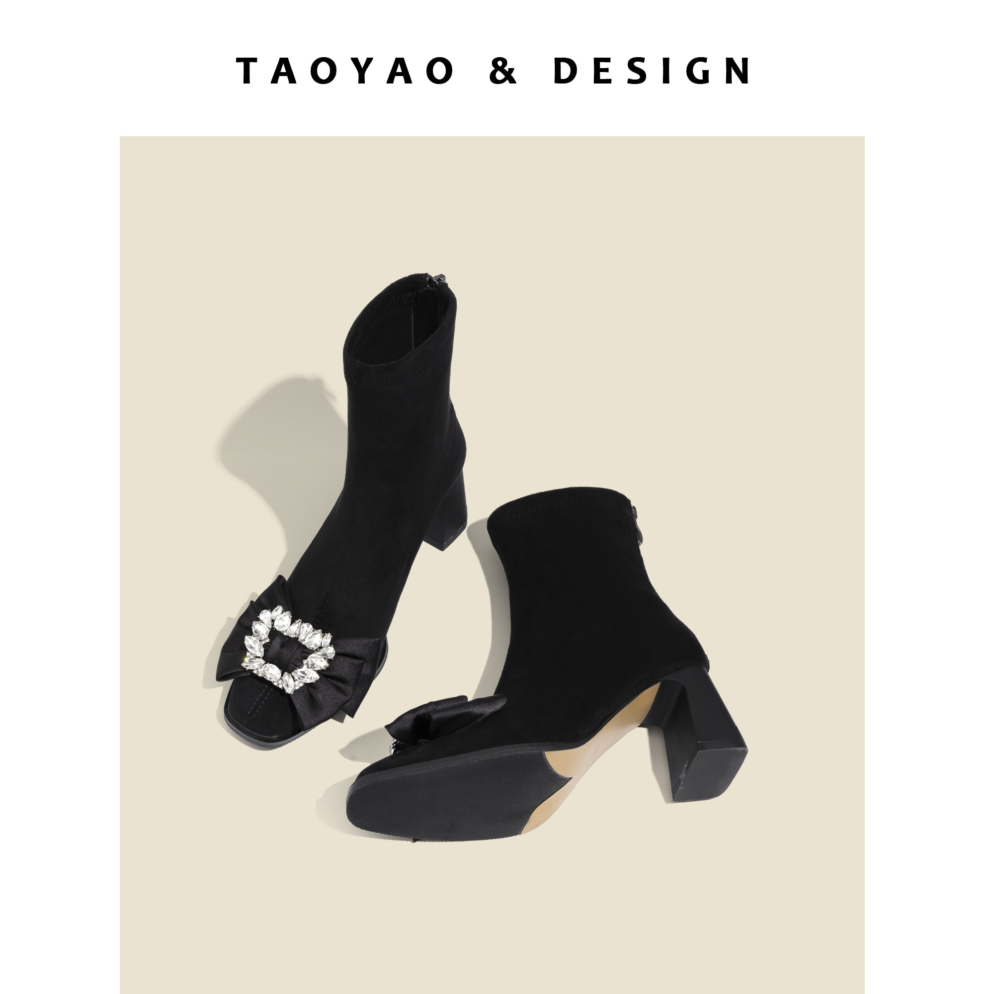 FRENCH BOW HIGH HEELED BOOTS WOMENS 2024 NEW INTERNET CELEBRITY TEMPERAMENT BLOCK HEEL SQUARE TOE BACK ZIP ELASTIC SOCK BOOTS