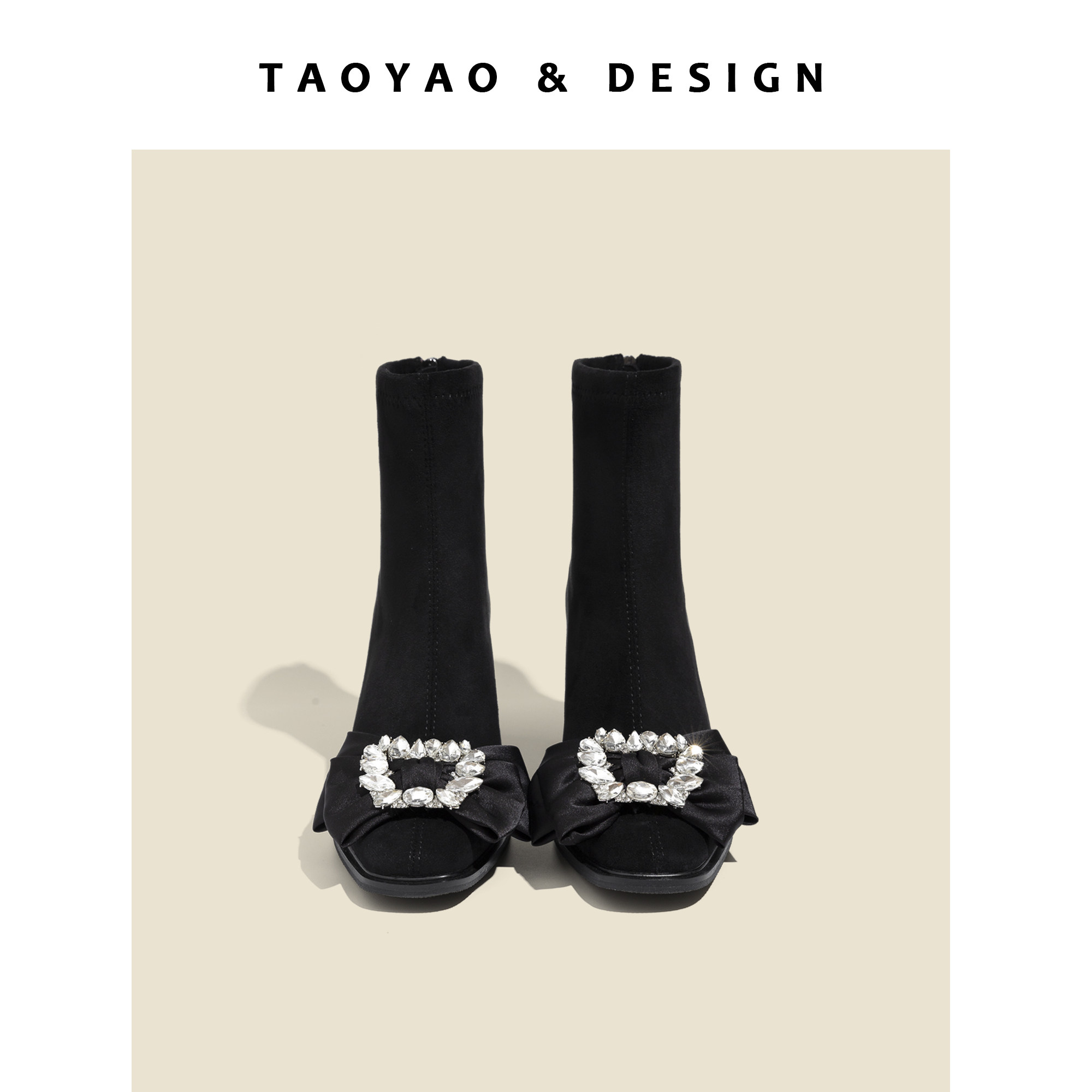 FRENCH BOW HIGH HEELED BOOTS WOMENS 2024 NEW INTERNET CELEBRITY TEMPERAMENT BLOCK HEEL SQUARE TOE BACK ZIP ELASTIC SOCK BOOTS