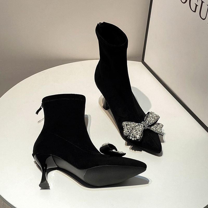 ELASTIC BOOTS SHORT BOOTS WOMENS STILETTO HEELS NET CELEBRITY SKINNY BOOTS HIGH HEELS AUTUMN AND WINTER 2024 NEW VERSATILE BLACK FLEECE SOCK BOOTS