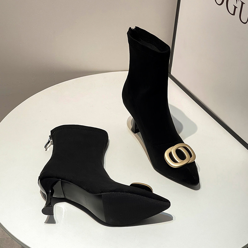 BOOTIE WOMENS FALL|WINTER 2024 NEW HIGH HEEL SUEDE BLACK POINTED TOE STRETCH STOCKINGS BOOTS STILETTO HEEL NET RED SKINNY BOOTS