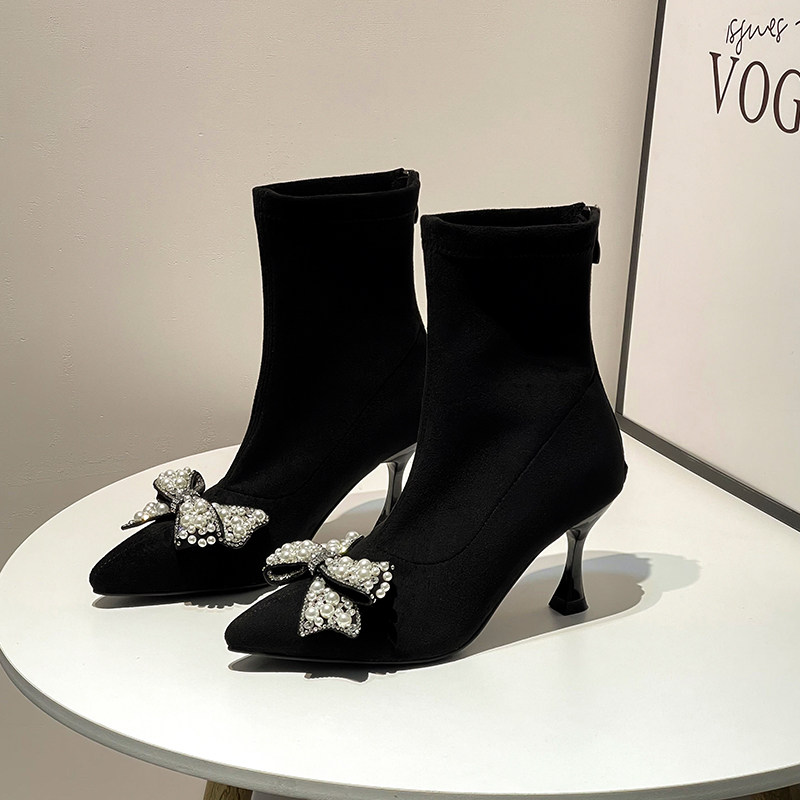 ELASTIC BOOTS SHORT BOOTS WOMENS STILETTO HEELS NET CELEBRITY SKINNY BOOTS HIGH HEELS AUTUMN AND WINTER 2024 NEW VERSATILE BLACK FLEECE SOCK BOOTS