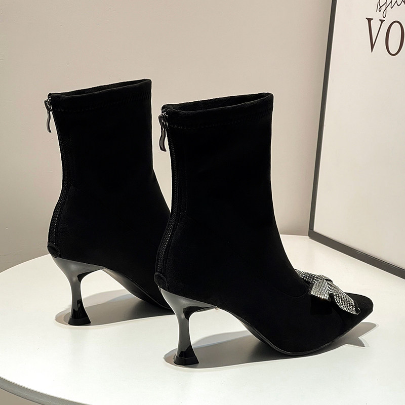 INTERNET CELEBRITY SKINNY BOOTS BOOTIES WOMENS HIGH HEELS BLACK POINTED TOE STILETTO SUEDE RHINESTONE BUTTERFLY LUXURY STRETCH STOCKINGS BOOTS