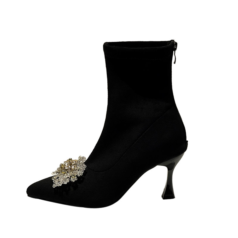 HIGH-QUALITY BOOTIES WOMENS HIGH HEELS SKINNY BOOTS 2024 NEW AUTUMN AND WINTER POINTED-TOE STRETCH BOOTS AND FLEECE KOREAN SOCK BOOTS