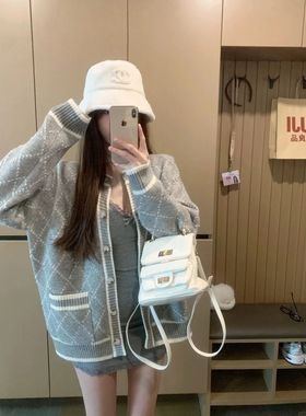 UNITY 灰色圆领长袖毛衣外套女春季软糯宽松慵懒风显瘦休闲气质