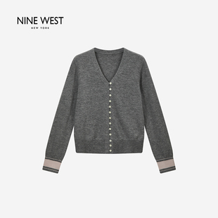 Nine West/玖熙绵羊毛 V 领开衫女新款简约撞色单排扣针织外套