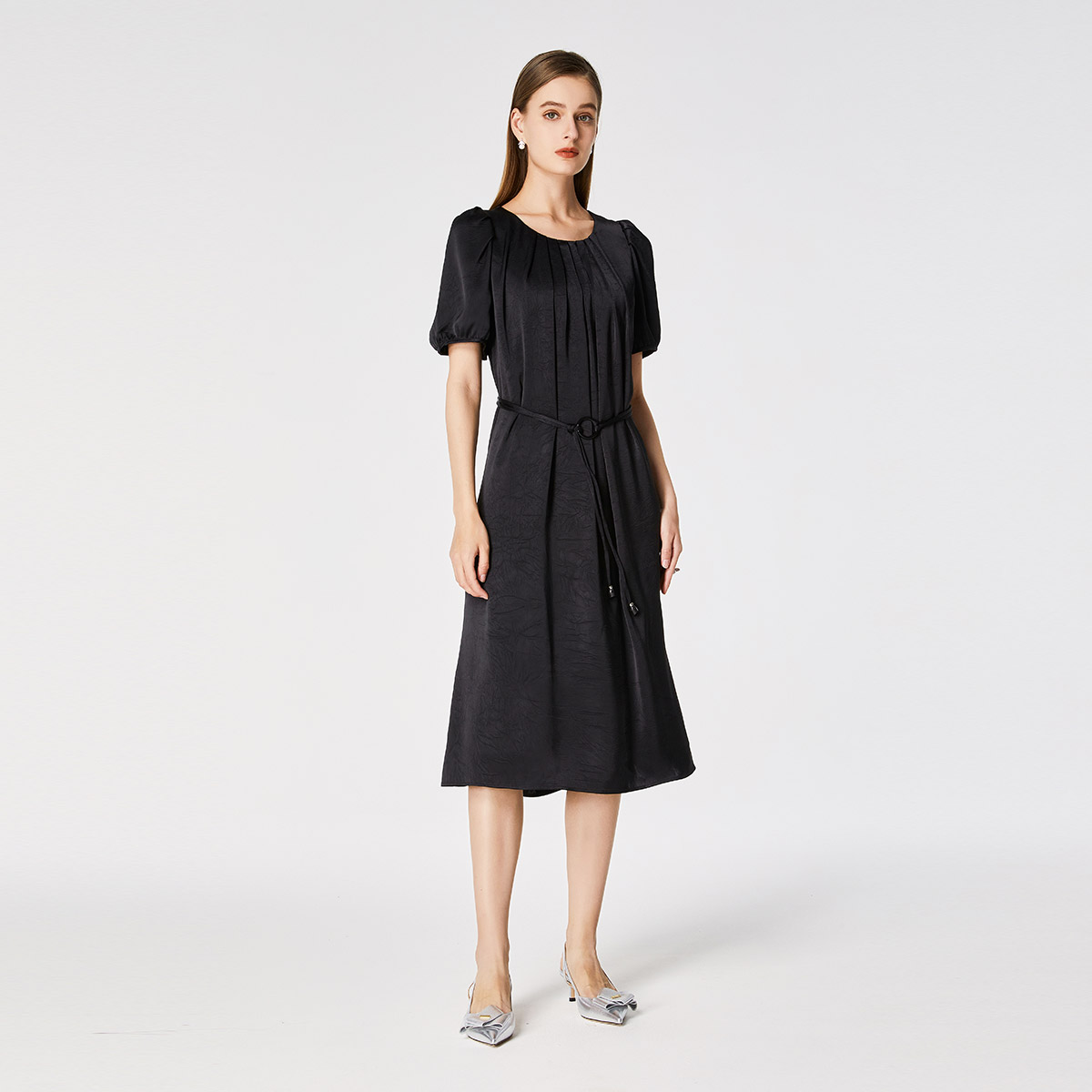 Nine West/玖熙连衣裙女2024新款夏季轻奢高级感气质绑带中长裙
