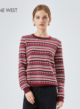 Nine West/玖熙费尔岛风提花毛衣女圆领红色圣诞长袖羊绒针织衫