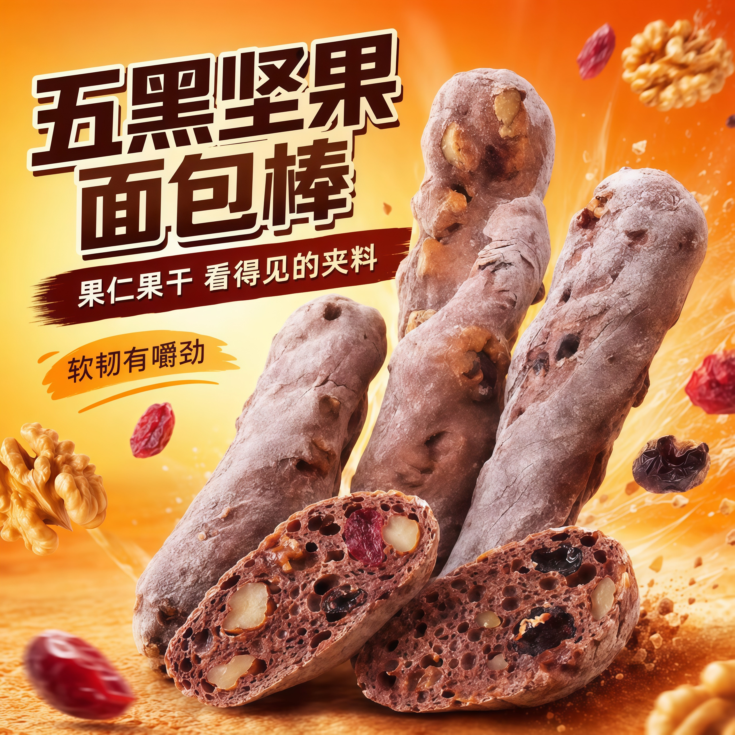 手工制作五黑粗粮面包坚果面包棒吐司面包棒坚果大列巴健康零食