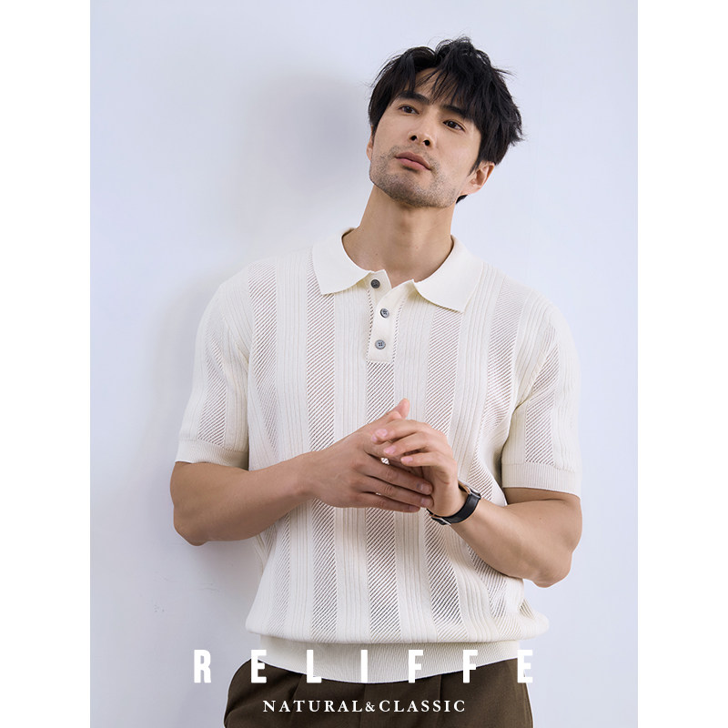 轻熟绅士休闲 夏季舒适透气条纹针织polo衫男士时尚百搭短袖T恤潮