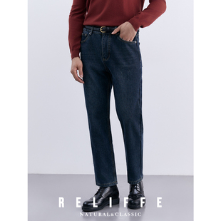 秋冬腰部弹力设计直筒深蓝色牛仔裤男士微阔加绒保暖休闲长裤潮