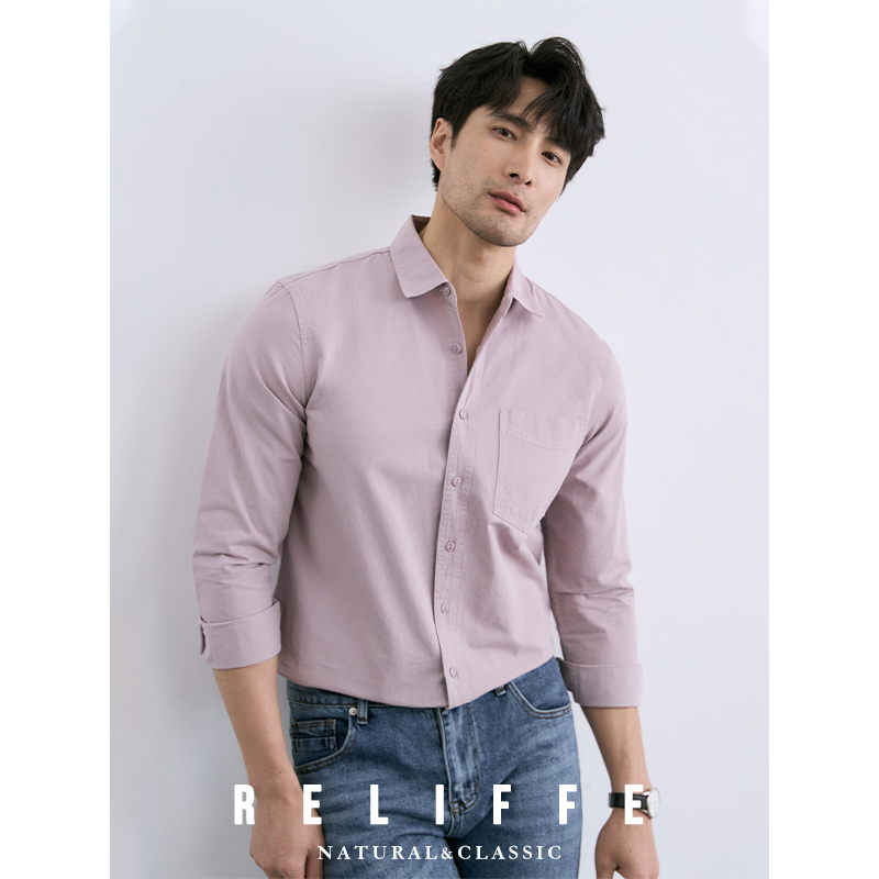 瑞莱夫方领长袖休闲纯棉男士衬衫