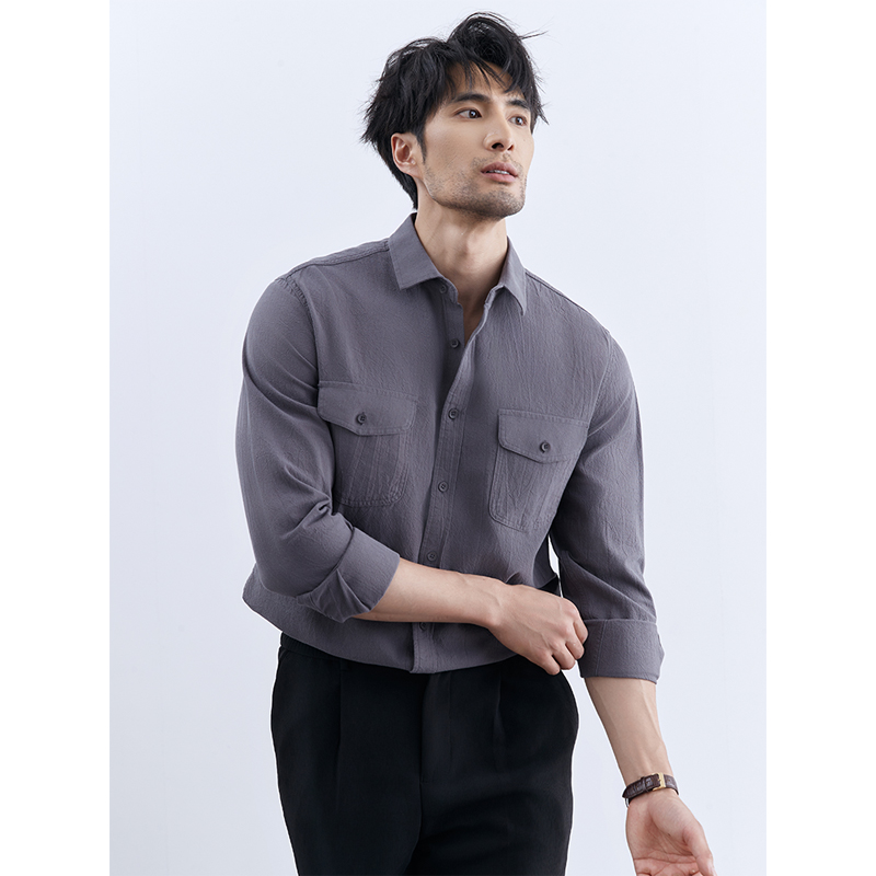 瑞莱夫方领长袖休闲衬衫