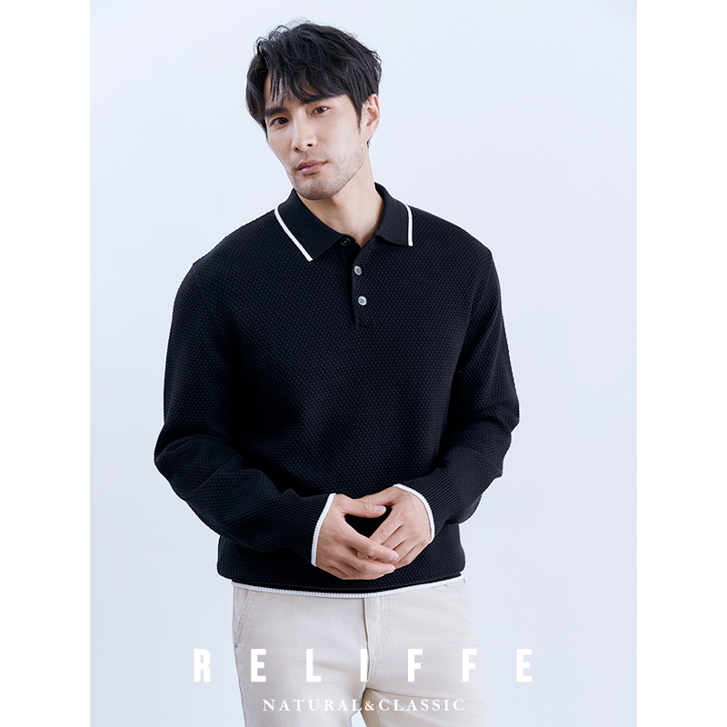 瑞莱夫翻领撞色针织打底衫