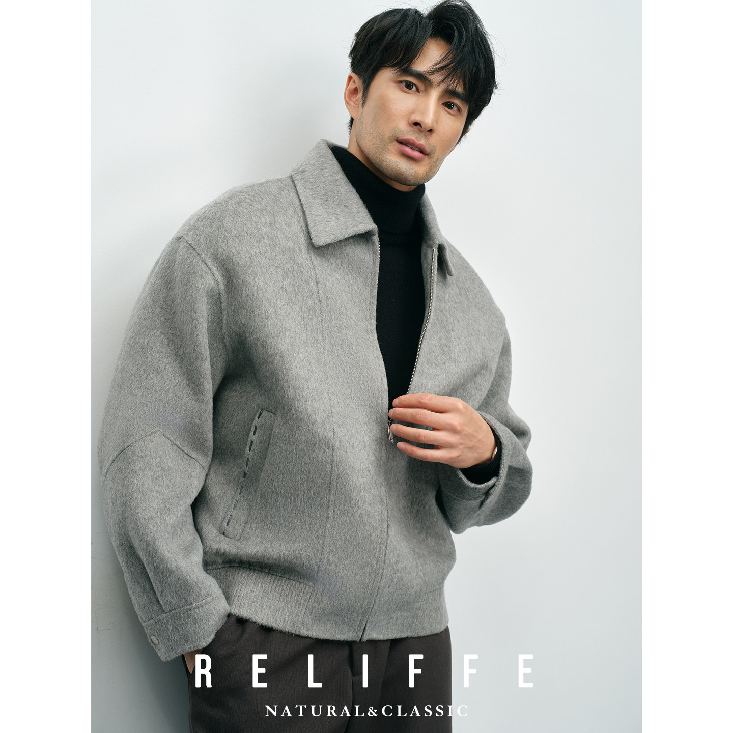 绅士风羊毛双面呢纯羊毛翻领夹克男士商务休闲拉链保暖毛呢外套冬