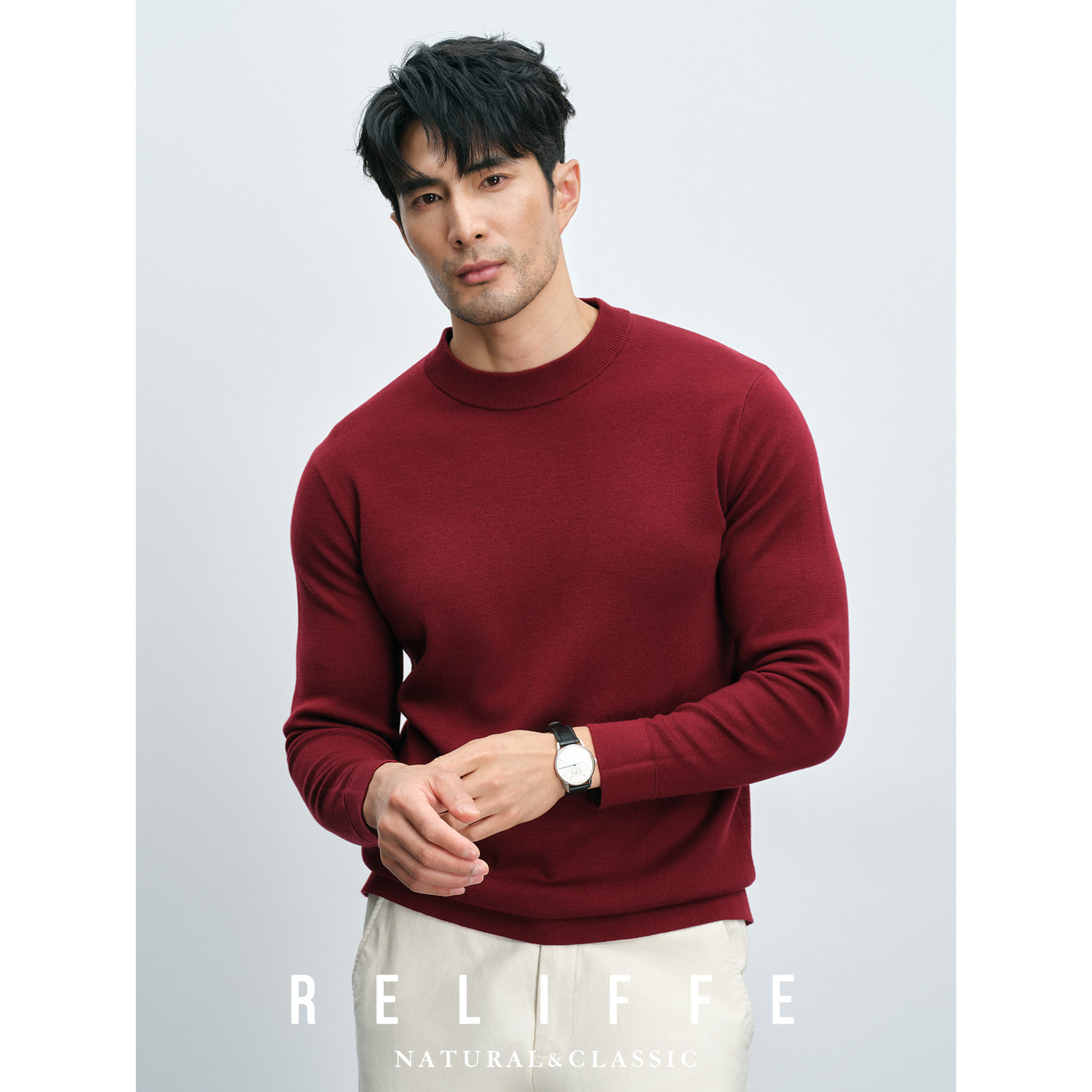 秋冬保暖内搭圆领针织羊毛衫男士套头舒适亲肤打底本命年红色毛衣