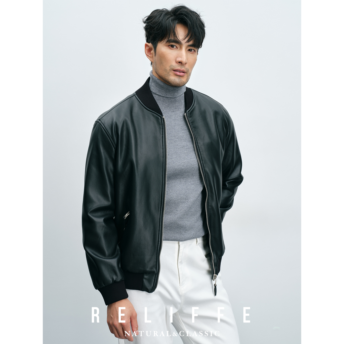 轻熟痞帅立领拉链皮衣外套男士