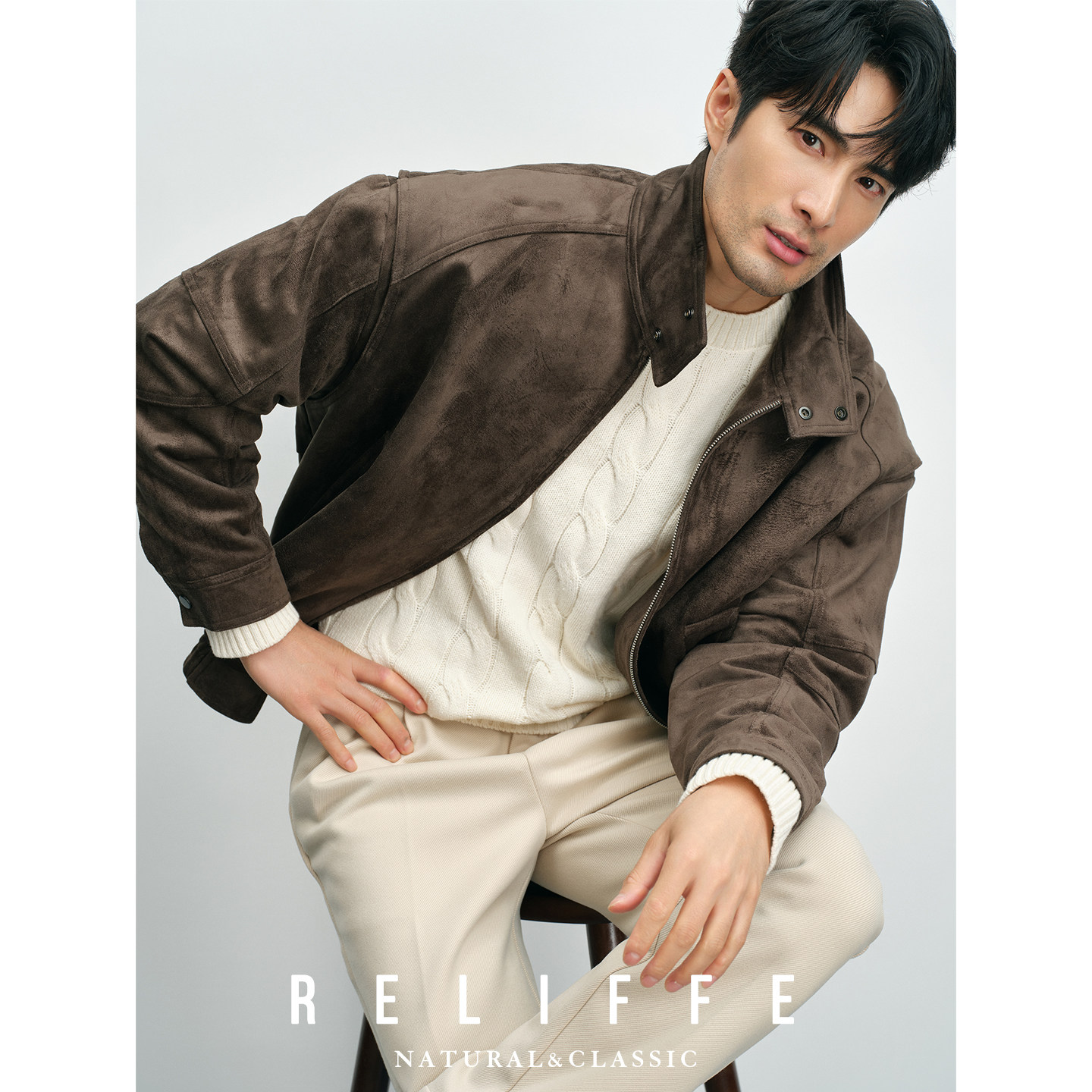 【秋冬时髦】高级感复古拼接仿麂皮立领夹克男士舒适柔软绒面外套