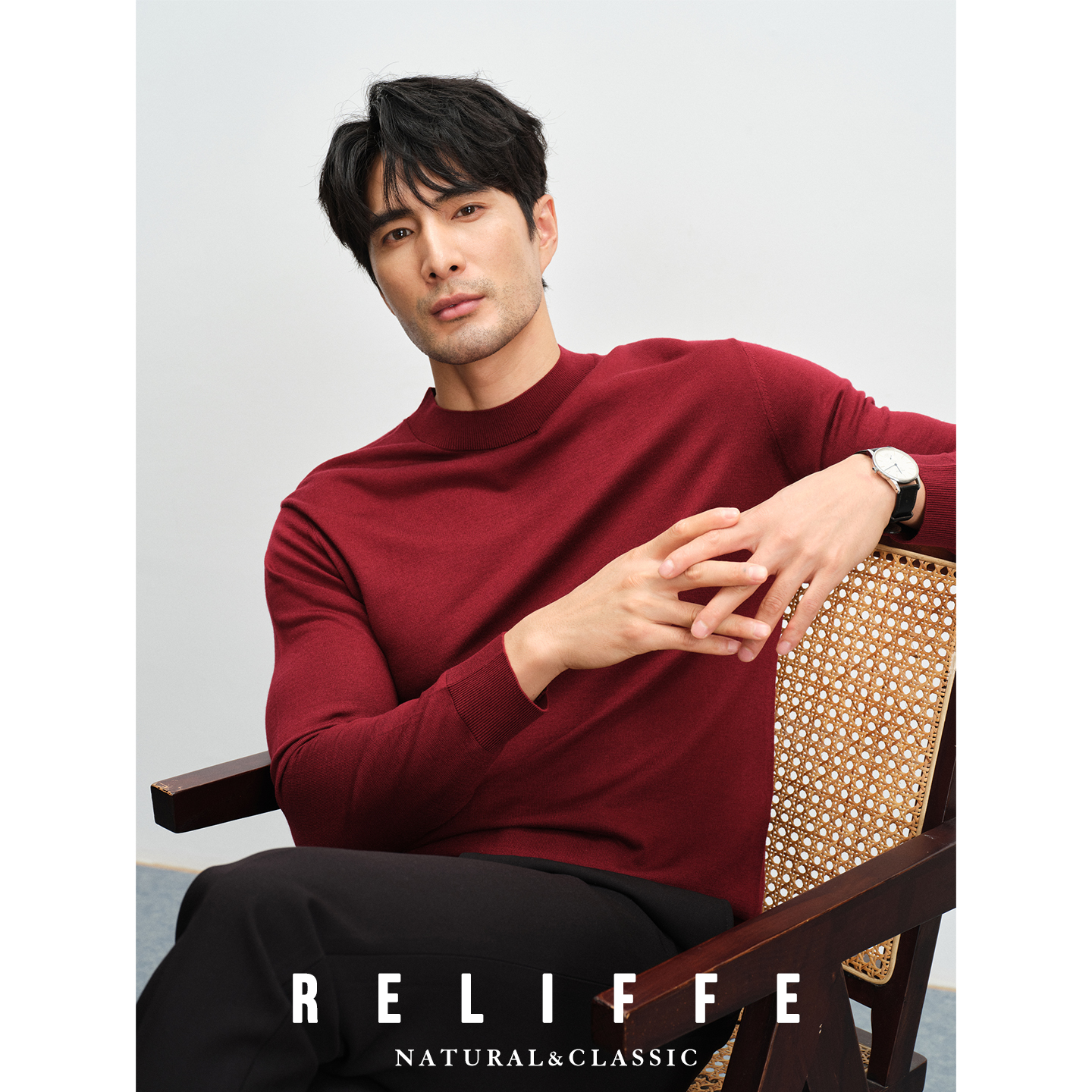 【秋冬保暖毛衣】绅士套头打底半高领针织衫男士圆领红色羊毛衫