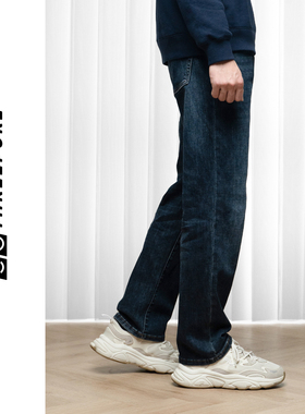 【三无公社】12.5盎司水洗丹宁牛仔裤直筒深蓝宽松休闲长裤子秋冬