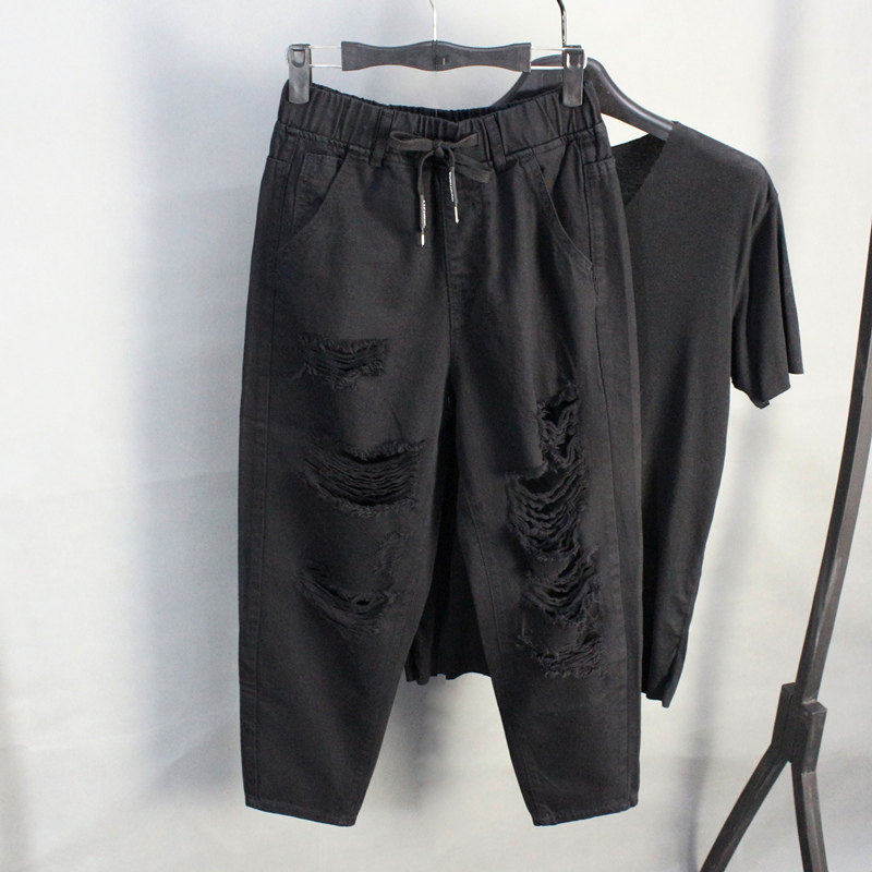 男破洞牛仔裤八分哈伦裤黑色七分休闲宽松垮裤系带老爹裤2024夏天