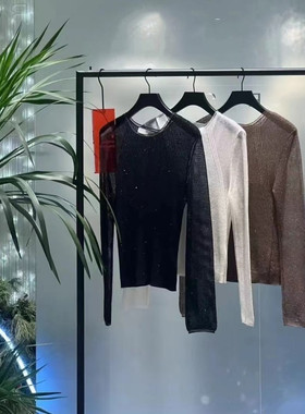 谷爱凌同款IROGIRLS女装2025秋款法式羊毛黑色细闪薄针织打底衫女