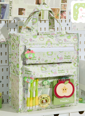 苹果小猫印花补习袋高颜值学生手提帆布补课包初中生大容量拎书袋