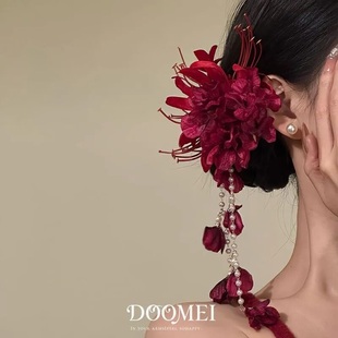 新娘红色头花新中式花朵流苏发夹子女旗袍边夹氛围感结婚发饰头饰