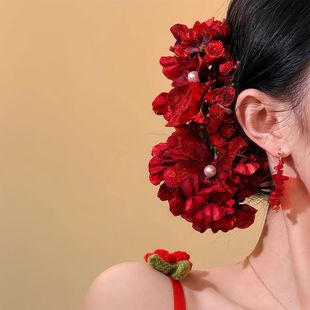 新娘红色头花新中式风结婚发饰蝴蝶花朵仿珍珠发夹边夹古风女头饰