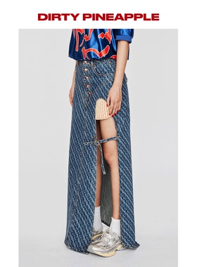 DIRTYPINEAPPLEONER岳岳同款签名印花牛仔长裙