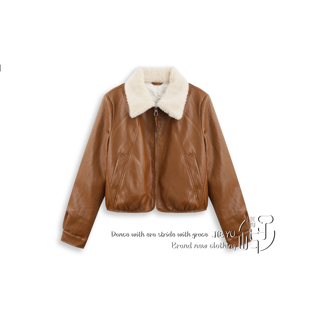 孑屿JIEYU 皮衣外套冬季鹅绒内胆加厚皮毛一体短款夹克