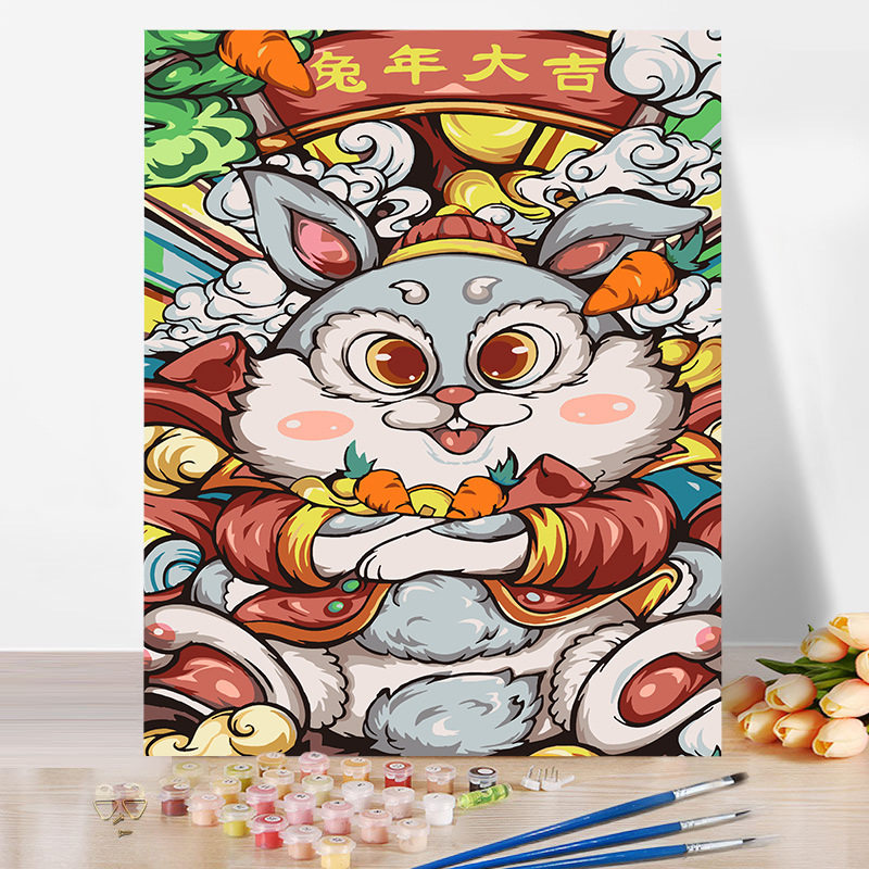 国风兔子diy数字油画新年手工填充色丙烯油彩画新中式兔年装饰画
