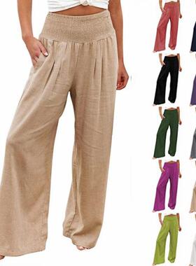 trousers leg wide linen and cotton loose casual waist high