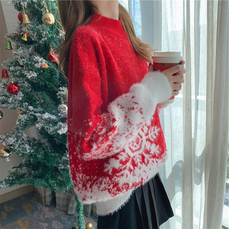 trendy womens sweater knitted top sleeve long snowflake