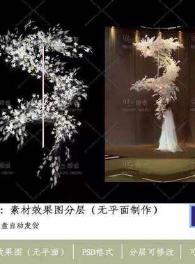 婚礼迎宾区白色花艺吊顶设计效果图PSD分层素材婚庆舞台布置参考