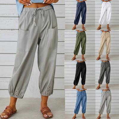 nine-point womens linen high-waist buttoned and wide-leg