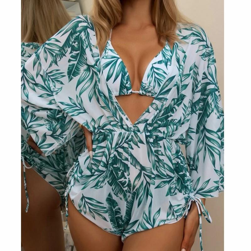 Three piece bikini beach sun protection drawstring coverup