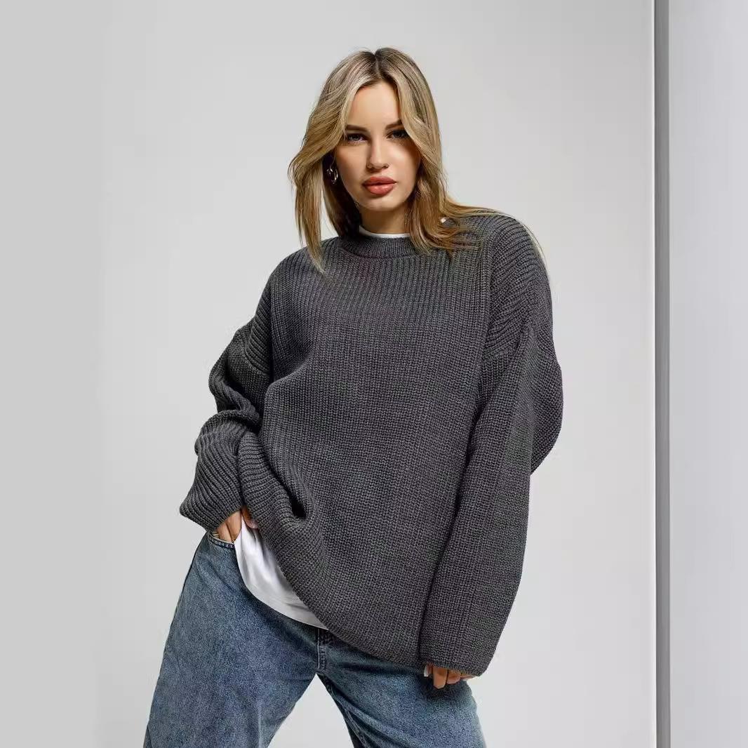 Simple solid color sweater for women round neck pullover