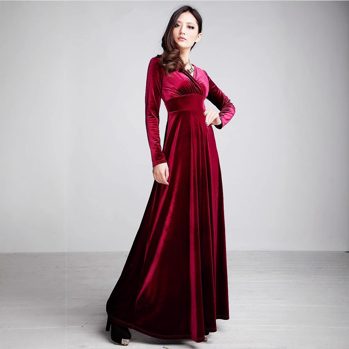 V-neck size velvet womens sleeve swing gold long dress Plus