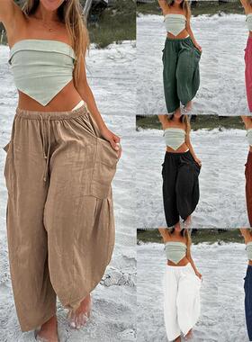 trousers linen and cotton casual loose pants leg wide waist