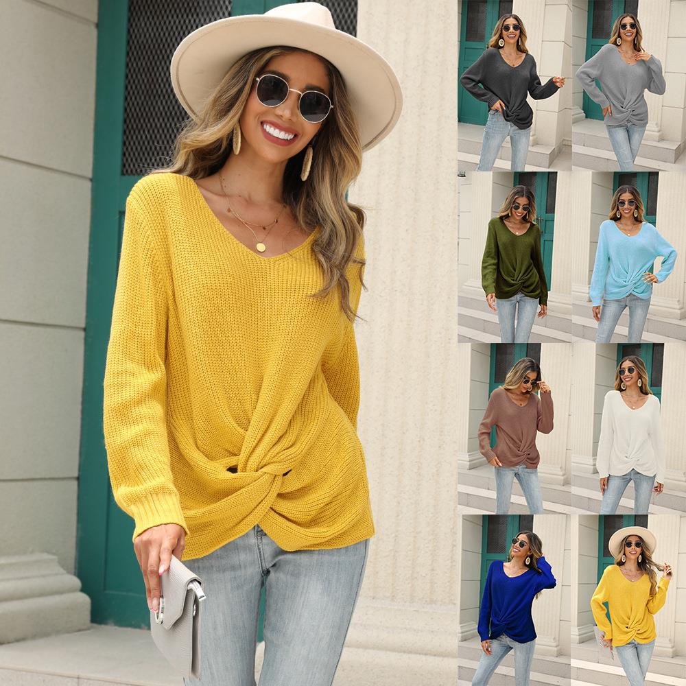 simple sweater womens color knitted sweater solid V-neck