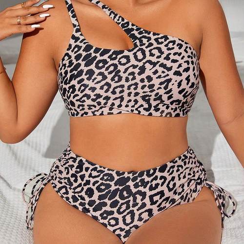 Sexy Bikini Plus Size Swimsuit One Shoulder Leopard Print